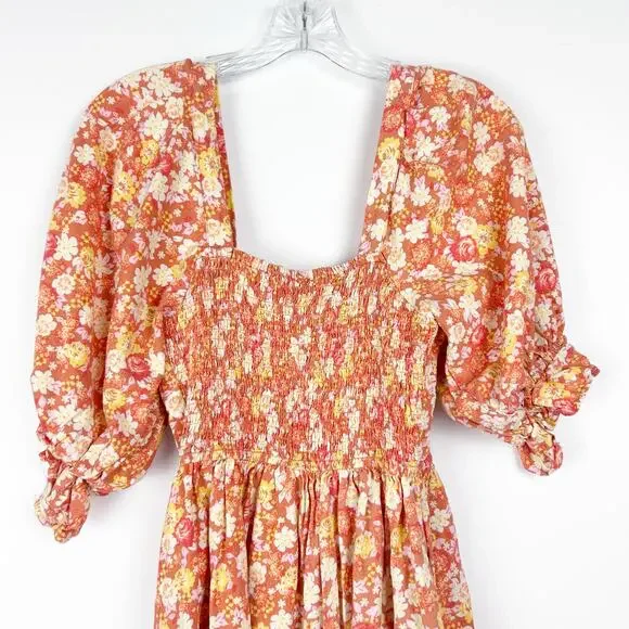 Free People Show Me Love Romper Orange Floral Puff Sleeve Smocked Womens Size S - Picture 11 of 14
